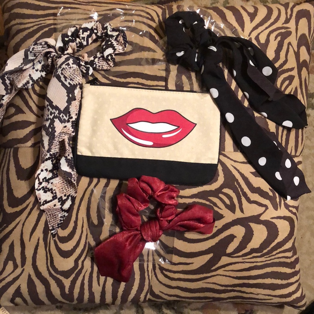Bundle of 3 Scarf Scrunchies and Ipsy Lips Cosmetic Bag